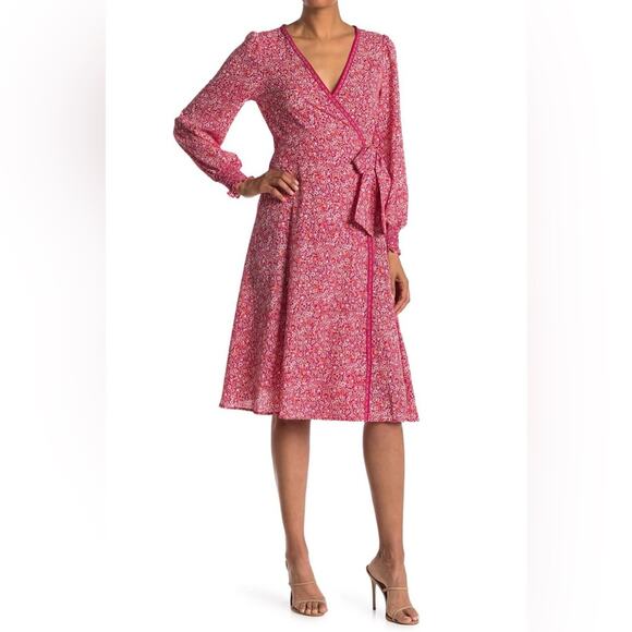 Max Studio Dresses & Skirts - Max Studio Floral Dot Print Balloon Sleeve Wrap Dress In Dark Pink Size Large